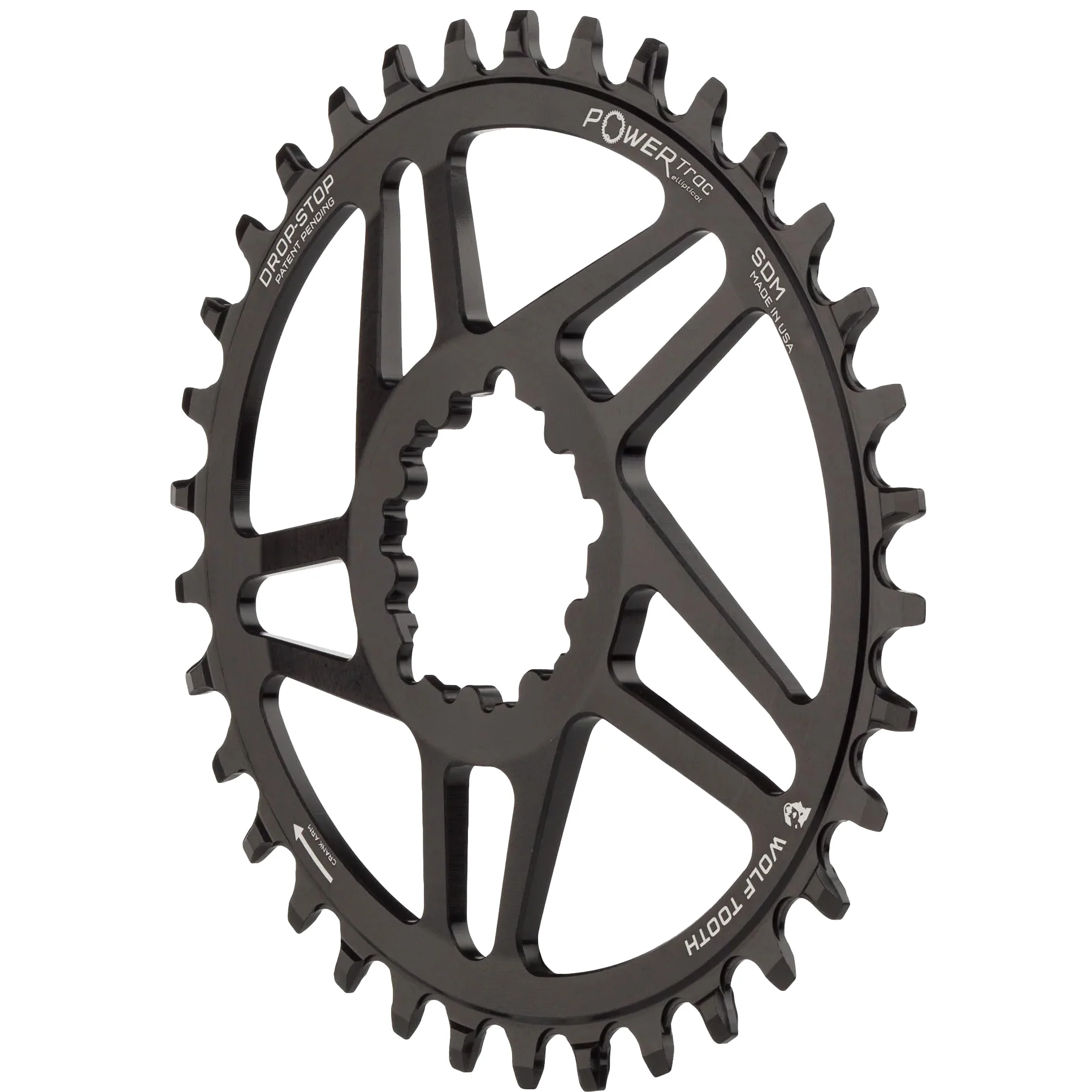 Wolf Tooth Elliptical Direct Mount Chainring - 32t SRAM 3-Bolt DM Drop-Stop ST For SRAM Boost Cranks Requires HG+ Chain BLK